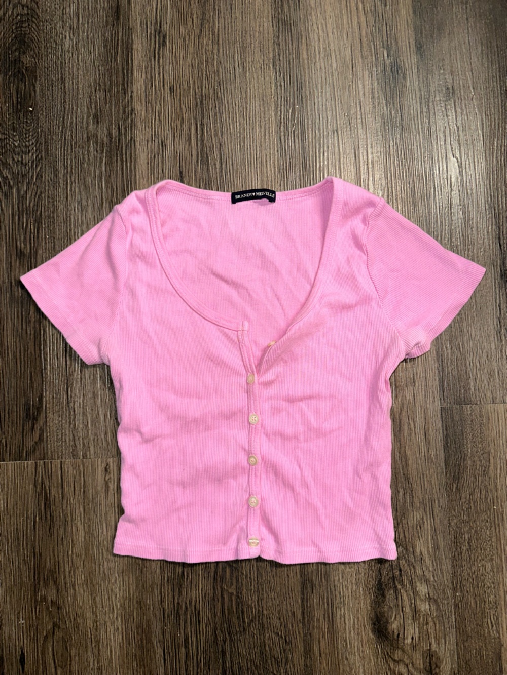 Brandy Melville Pink Ribbed Short Sleeve Button-Up Top